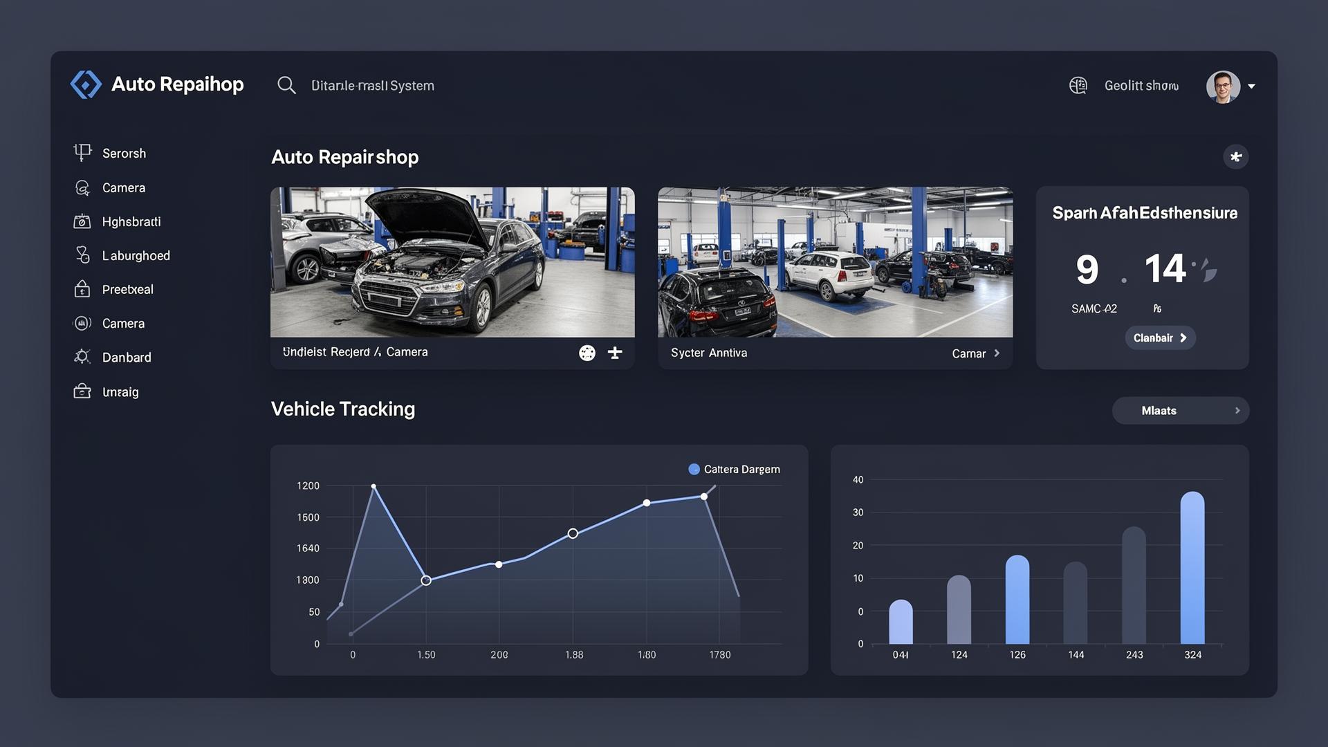 TekVision dashboard showing camera feeds, vehicle tracking, and shop analytics