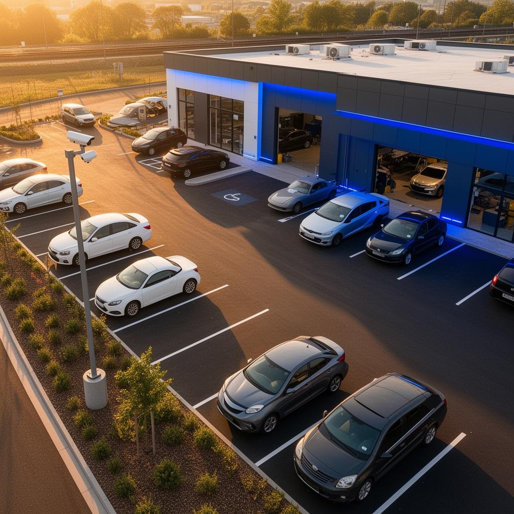 Modern auto repair shop with security cameras and organized parking bays